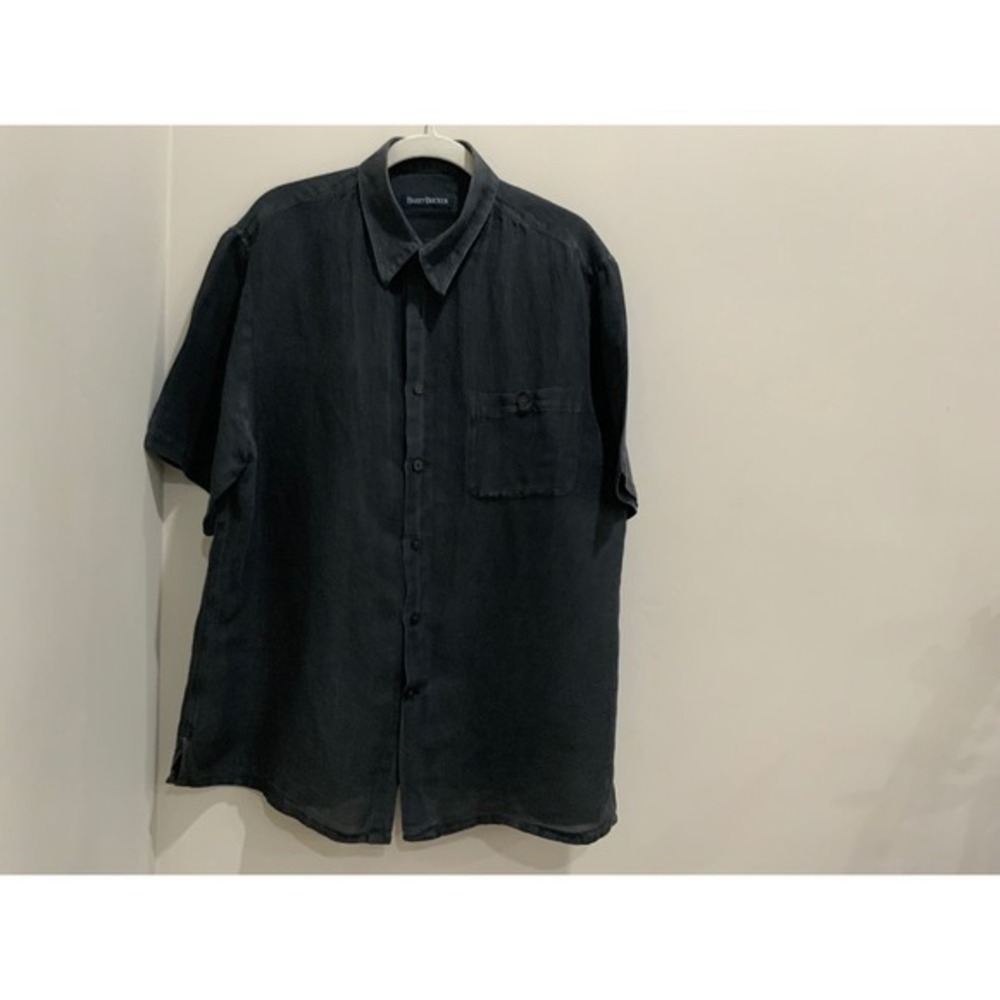 Barry Bricken Mens Linen Cotton Short Sleeve Button Down Shirt Charcoal Grey L